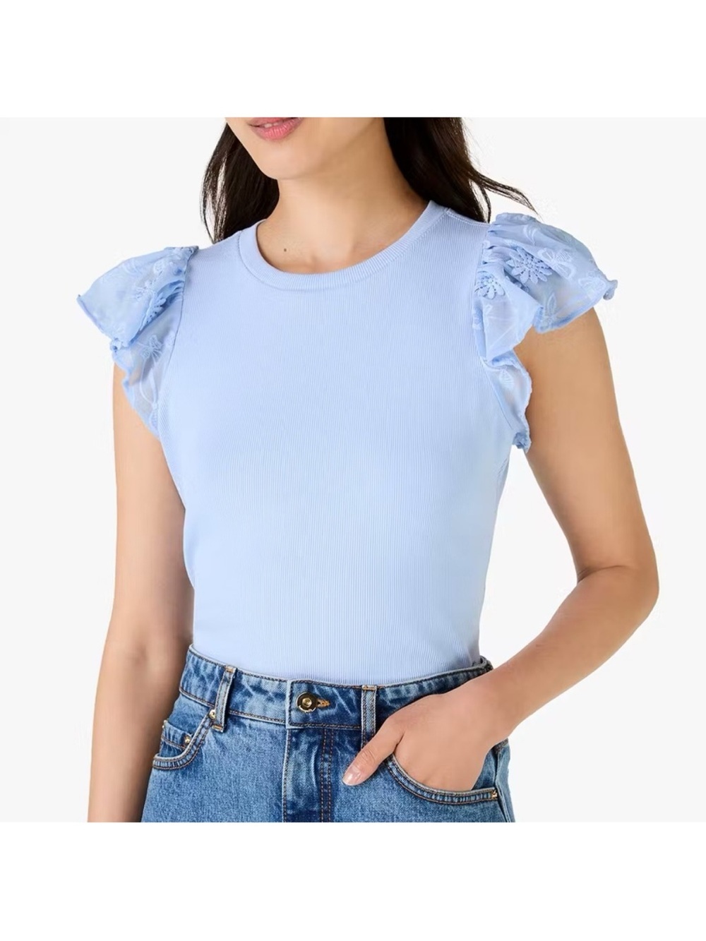 Kate Spade Mix Media Lace Tee Fresh Breeze Blue Crewneck Designer Sz XS NEW